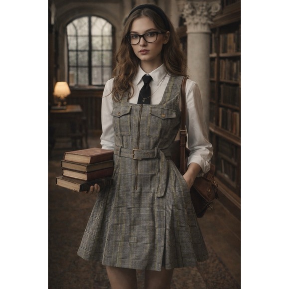 Free Assembly Dresses & Skirts - Free Assembly Houndstooth Belted Utility Mini Dress Academia Preppy School Girl
